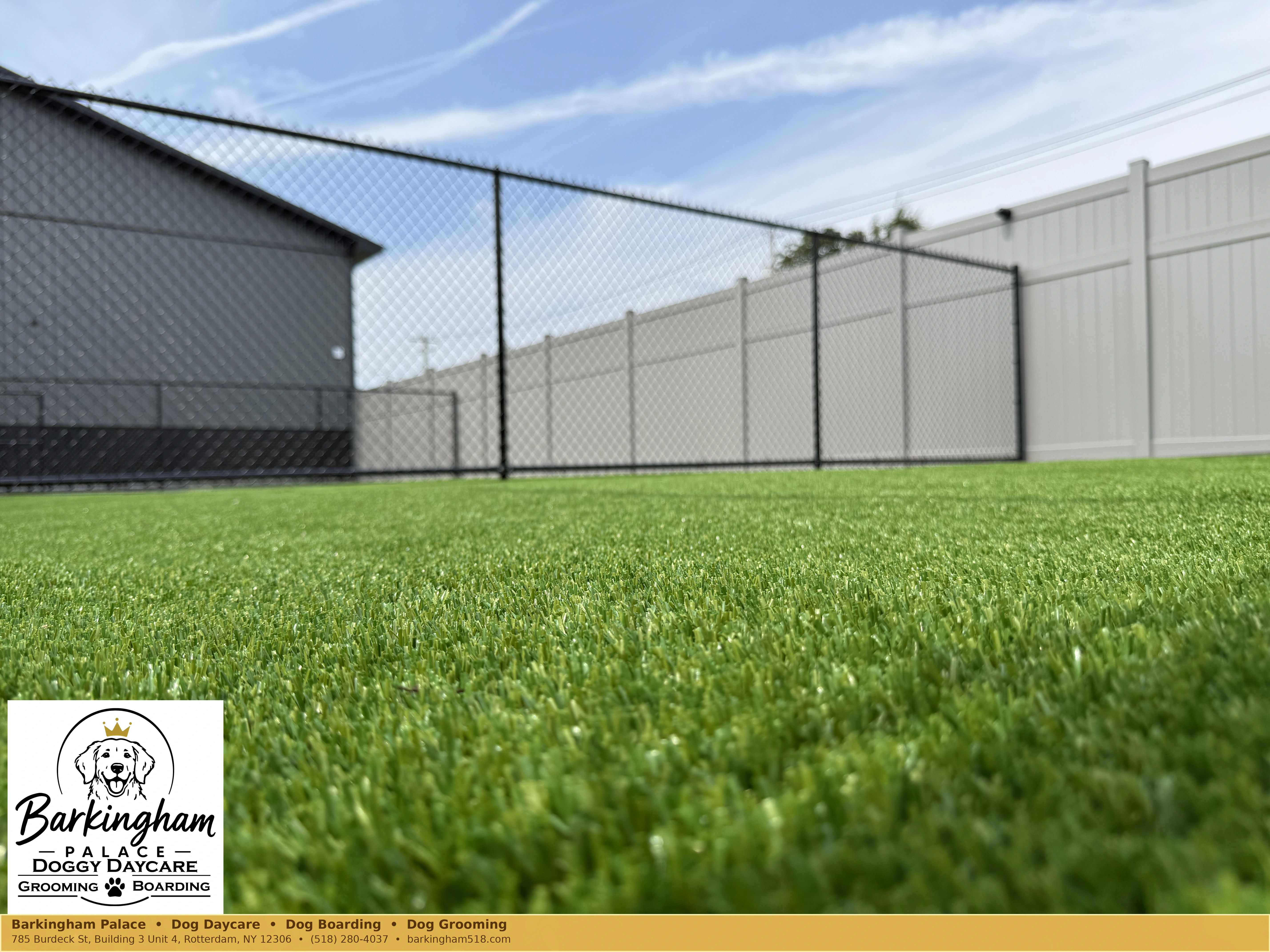 Fenced outdoor turf play yard at Barkingham Palace in Rotterdam, NY