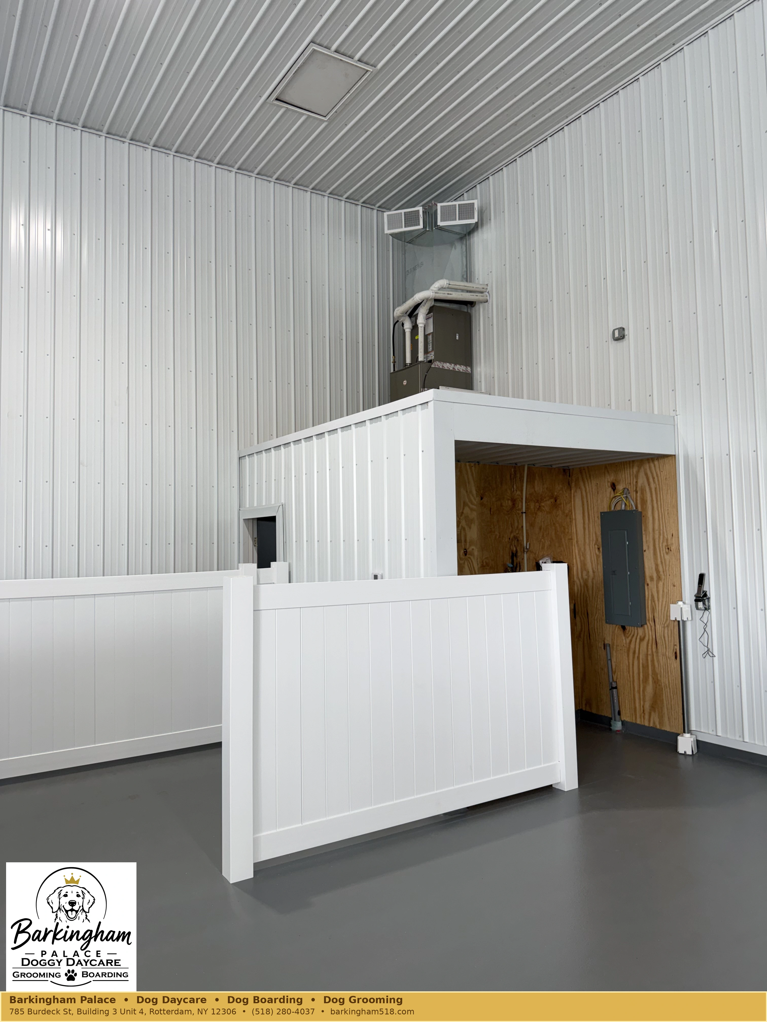 Open indoor dog-care space with white partitions at Barkingham Palace in Rotterdam, NY