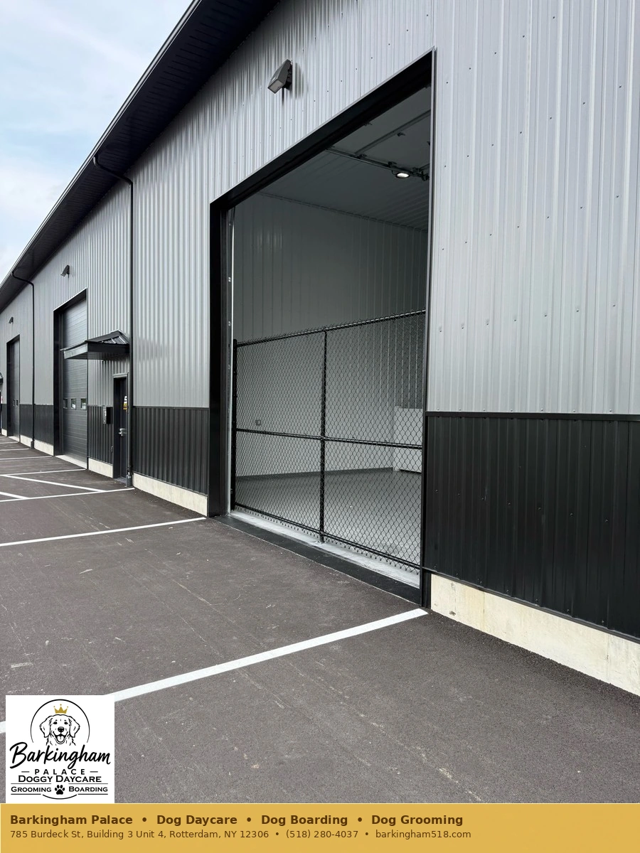 Finished exterior façade and gated suite entrance at Barkingham Palace in Rotterdam, NY