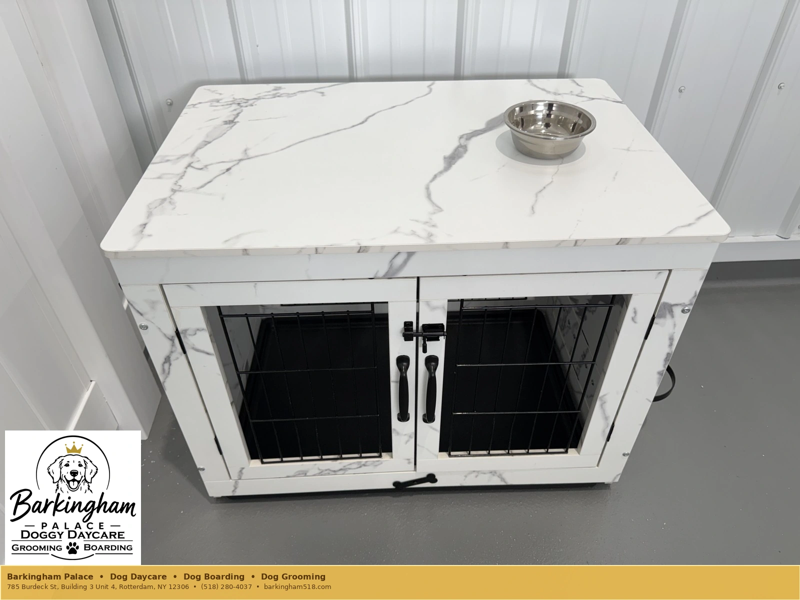 Finished marble-top double boarding kennel inside Barkingham Palace in Rotterdam, NY
