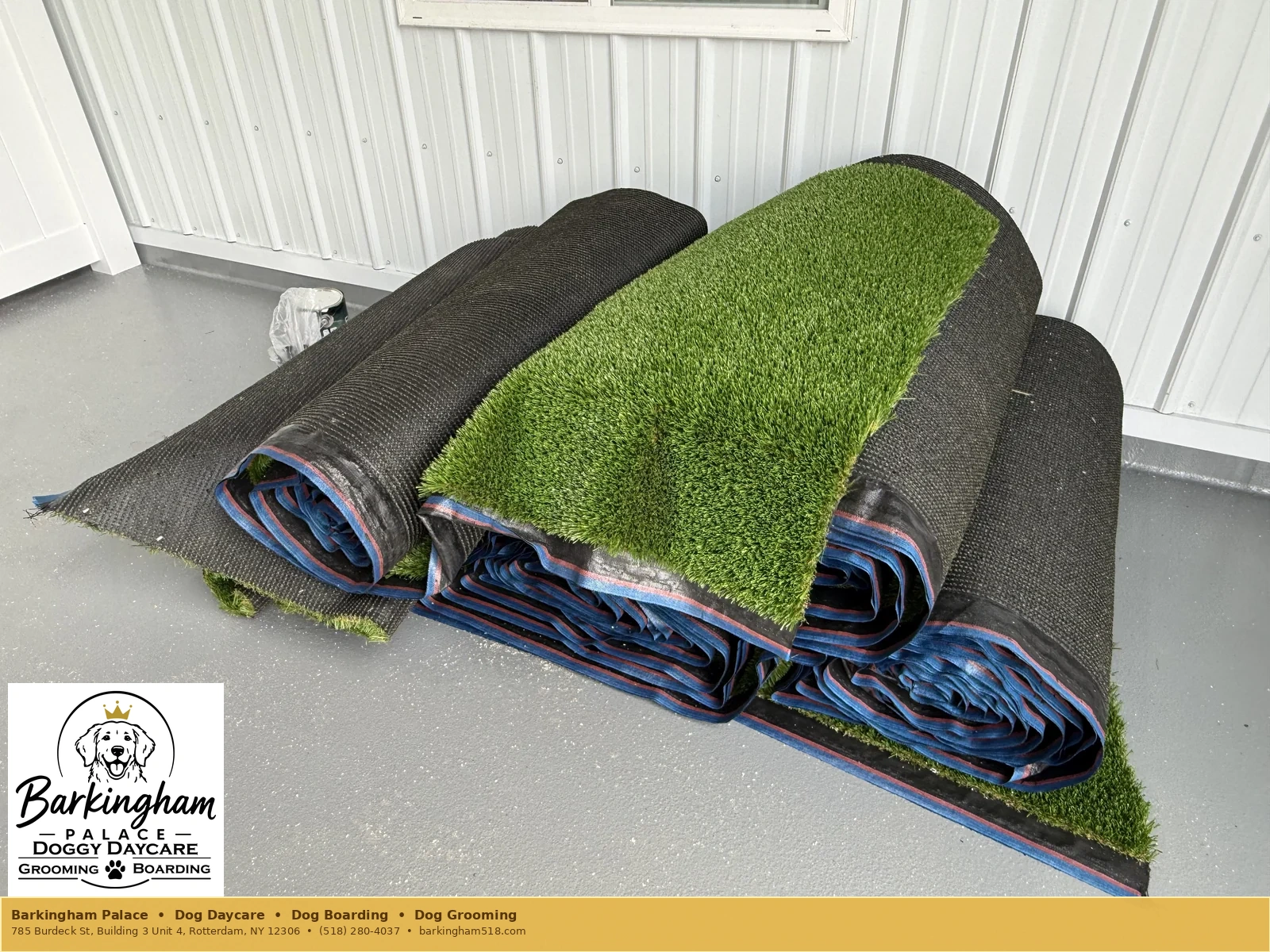Outdoor turf roll cross-section being installed at Barkingham Palace dog daycare in Rotterdam, NY