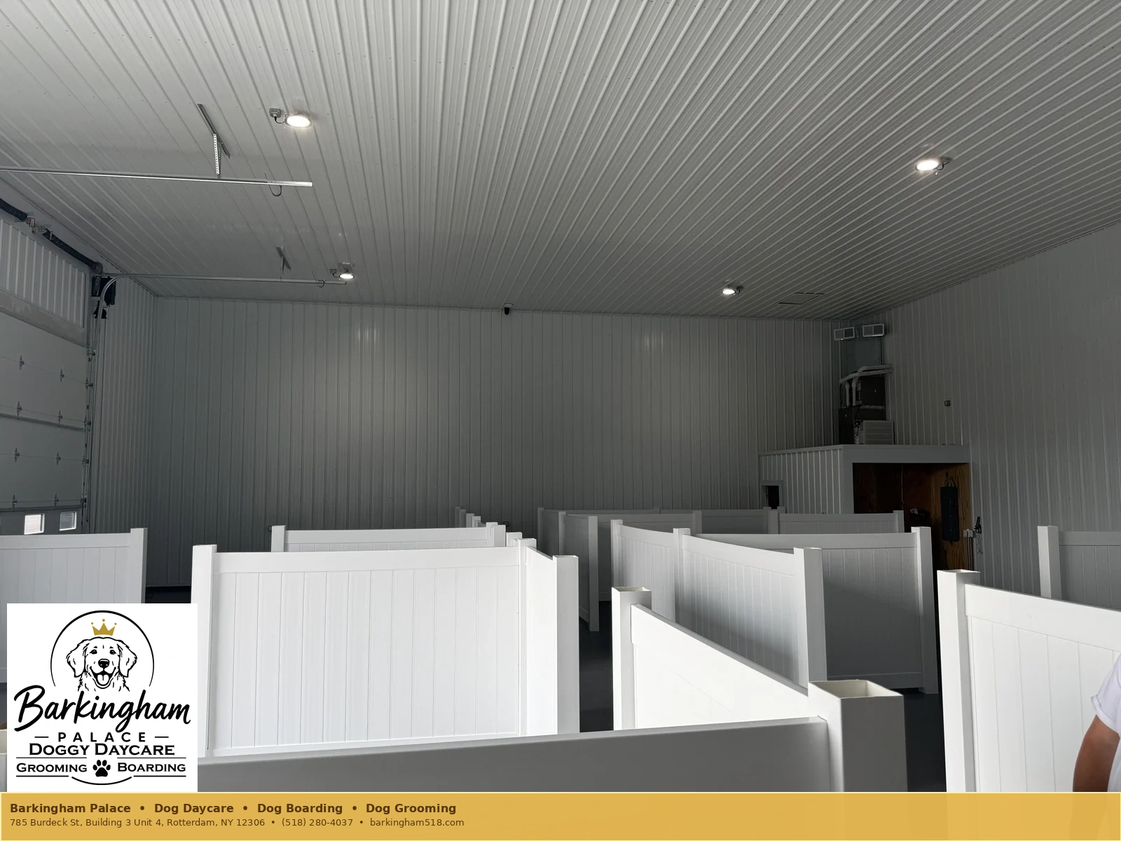 Completed indoor dog-care suite layout at Barkingham Palace in Rotterdam, NY