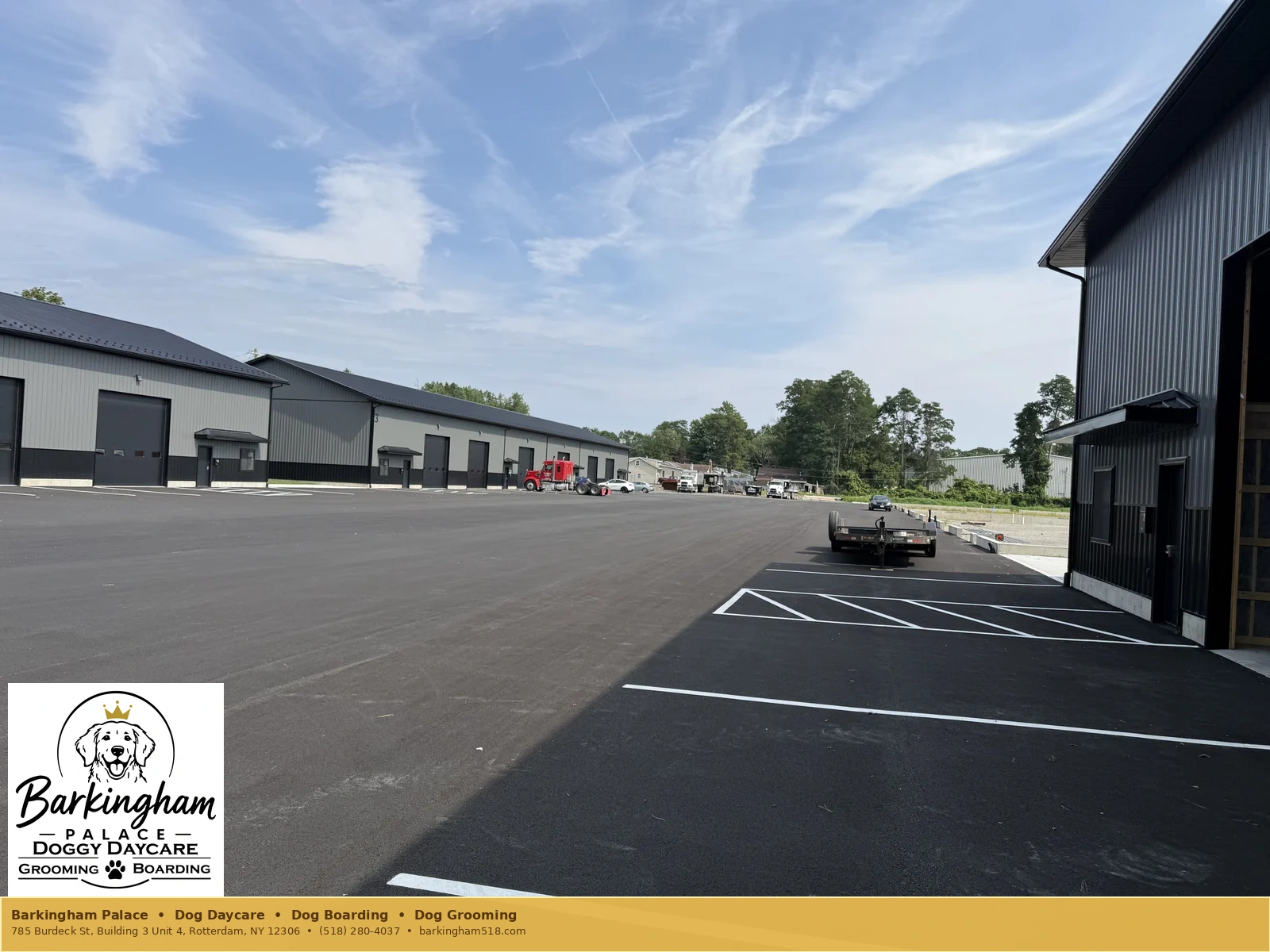 Wider exterior view of the Barkingham Palace facility site in Rotterdam, NY