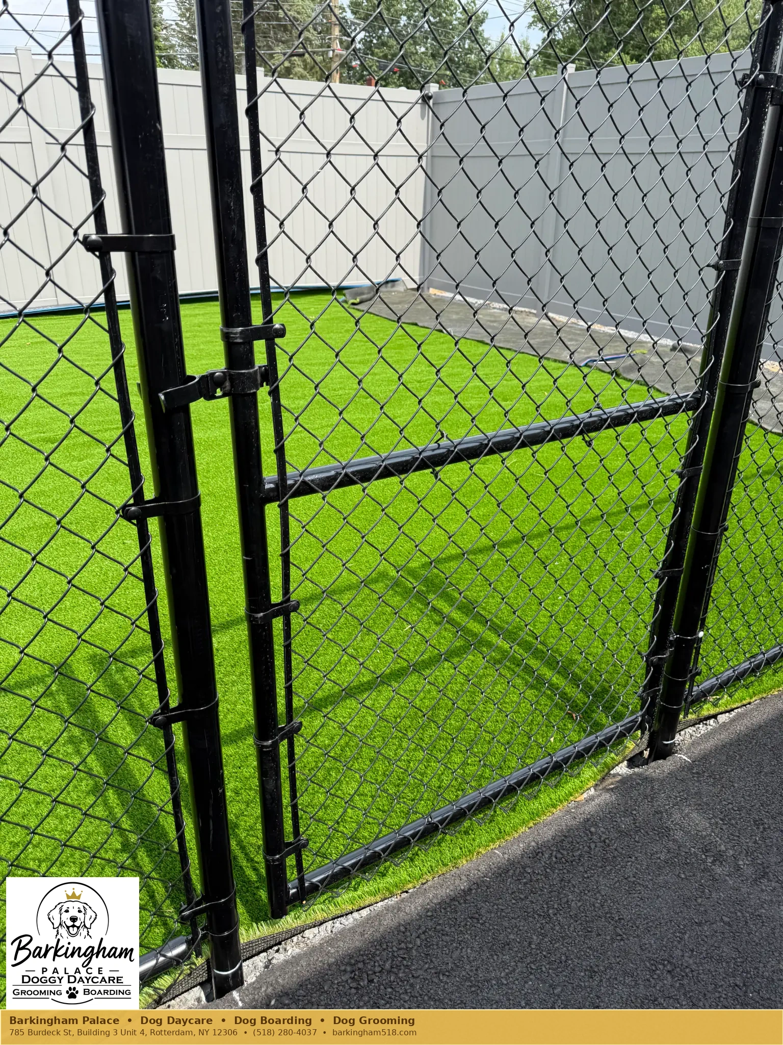 Fenced outdoor turf yard entry at Barkingham Palace in Rotterdam, NY