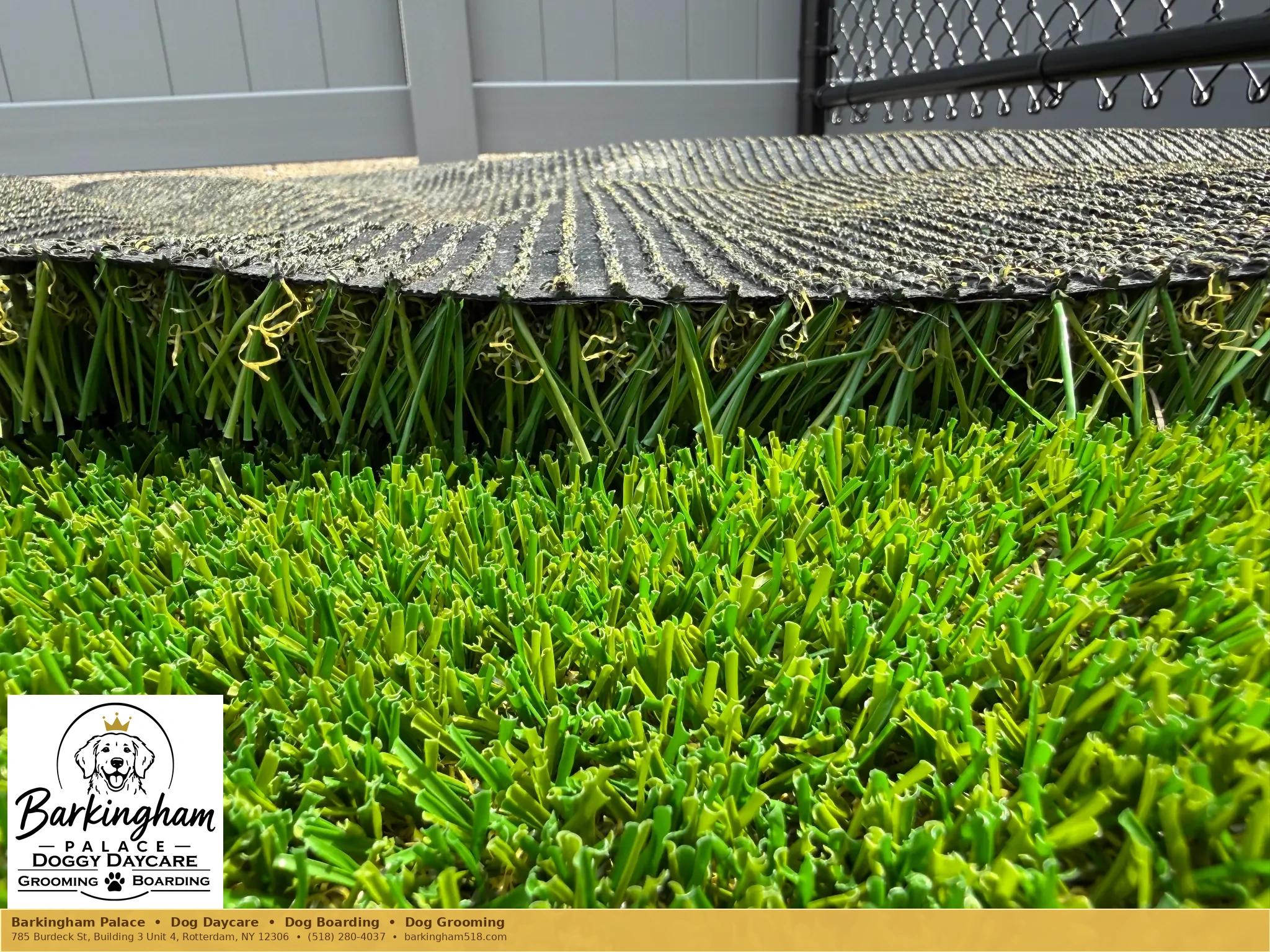 Close-up of turf backing and fibers from the Barkingham Palace outdoor yard installation in Rotterdam, NY