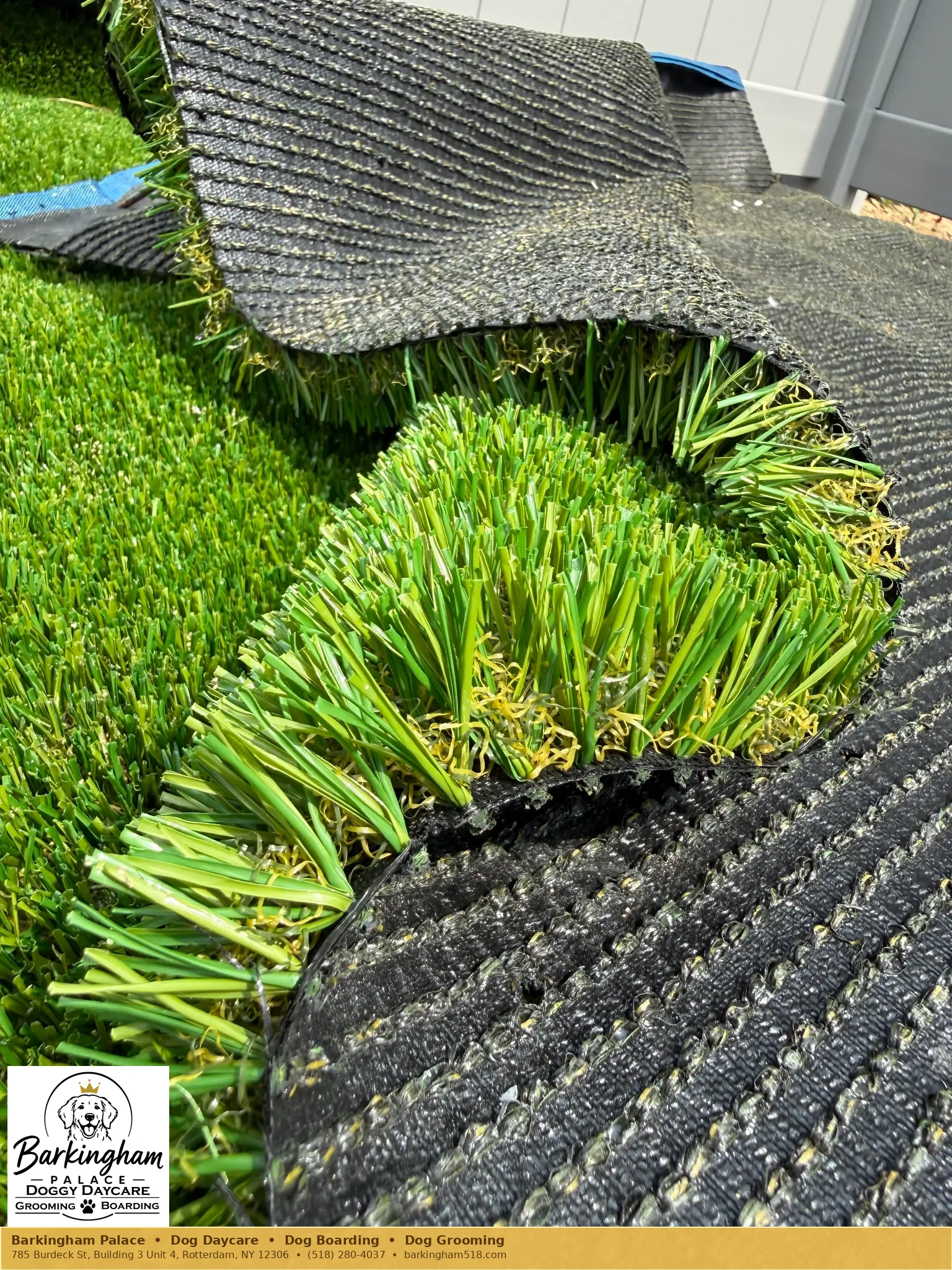 Real turf rolls and backing detail prepared for Barkingham Palace outdoor play yard in Rotterdam, NY