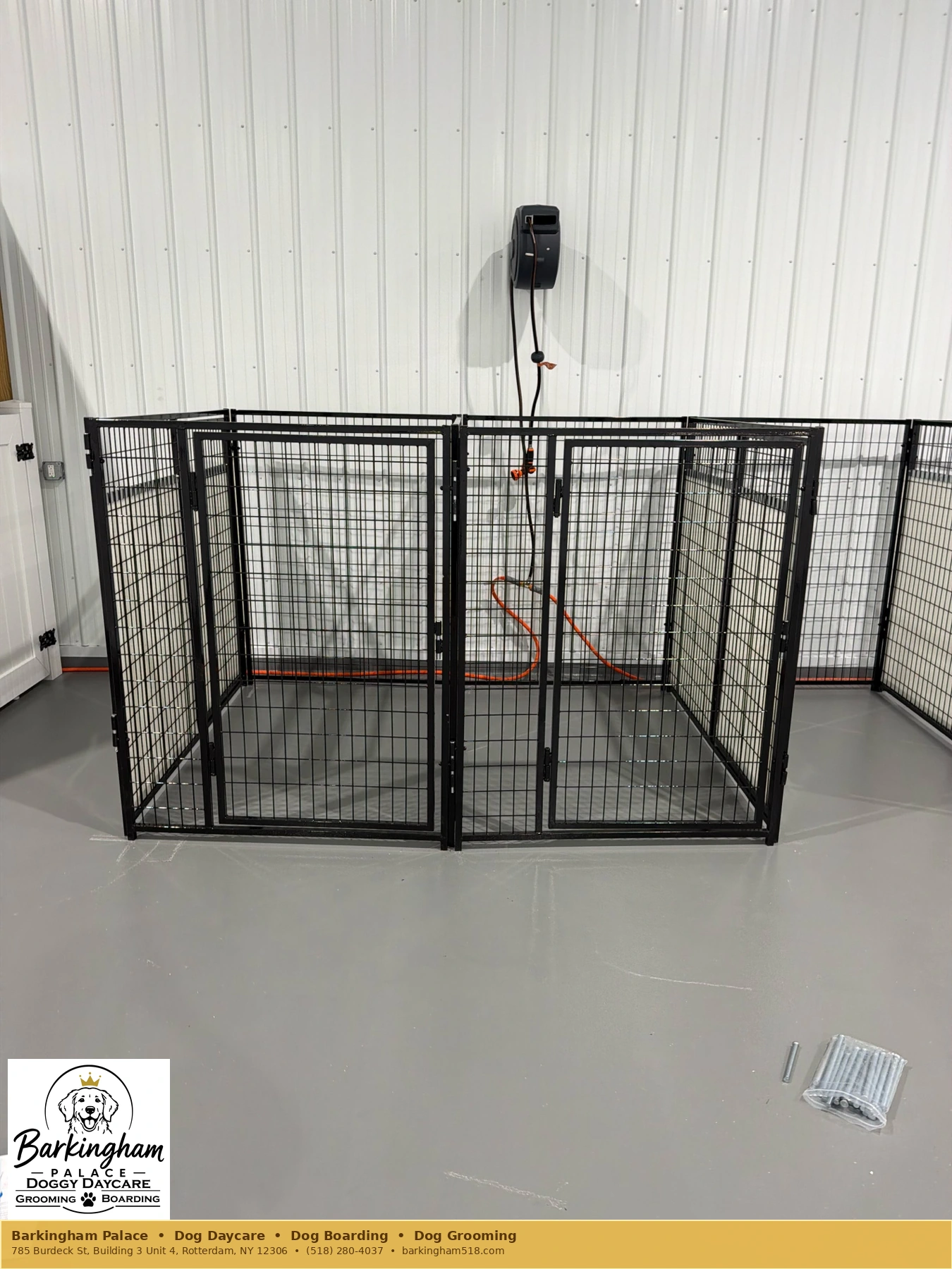Overnight dog boarding kennel arrangement with two adjoining black metal sleeping suites at Barkingham Palace in Rotterdam, NY