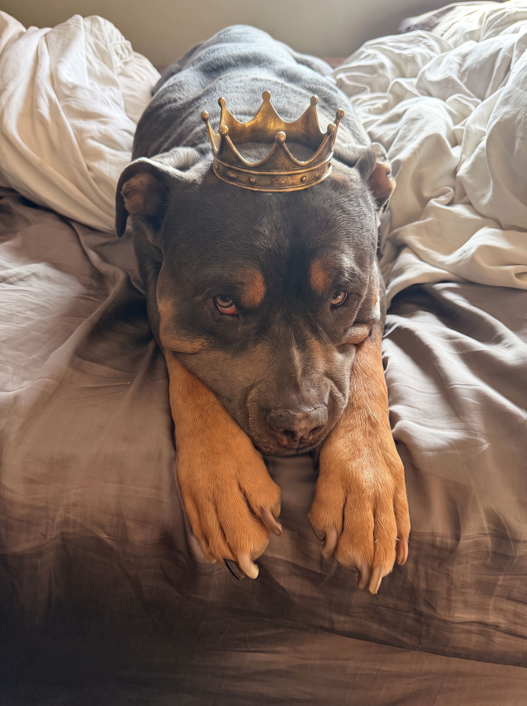 Bentley, Chad's black dog and Barkingham Palace mascot, wearing a naturally placed gold crown
