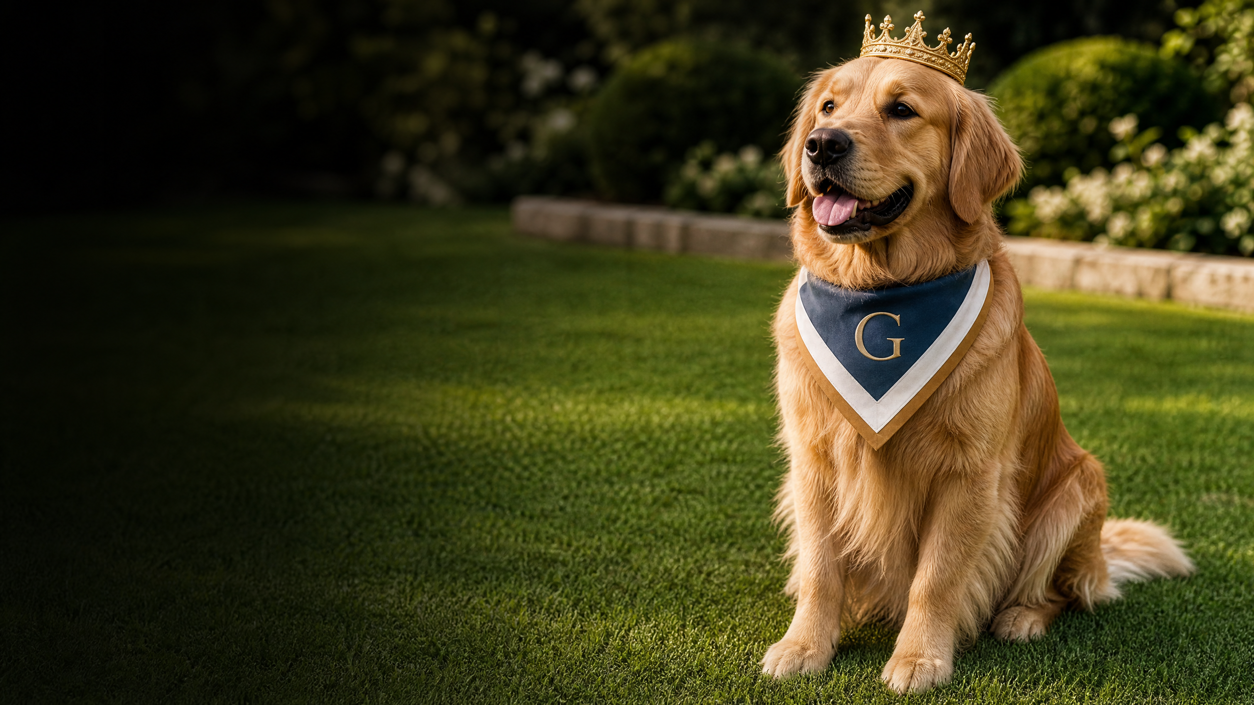 Crowned golden retriever on emerald turf for Barkingham Palace dog daycare serving Glenville, NY