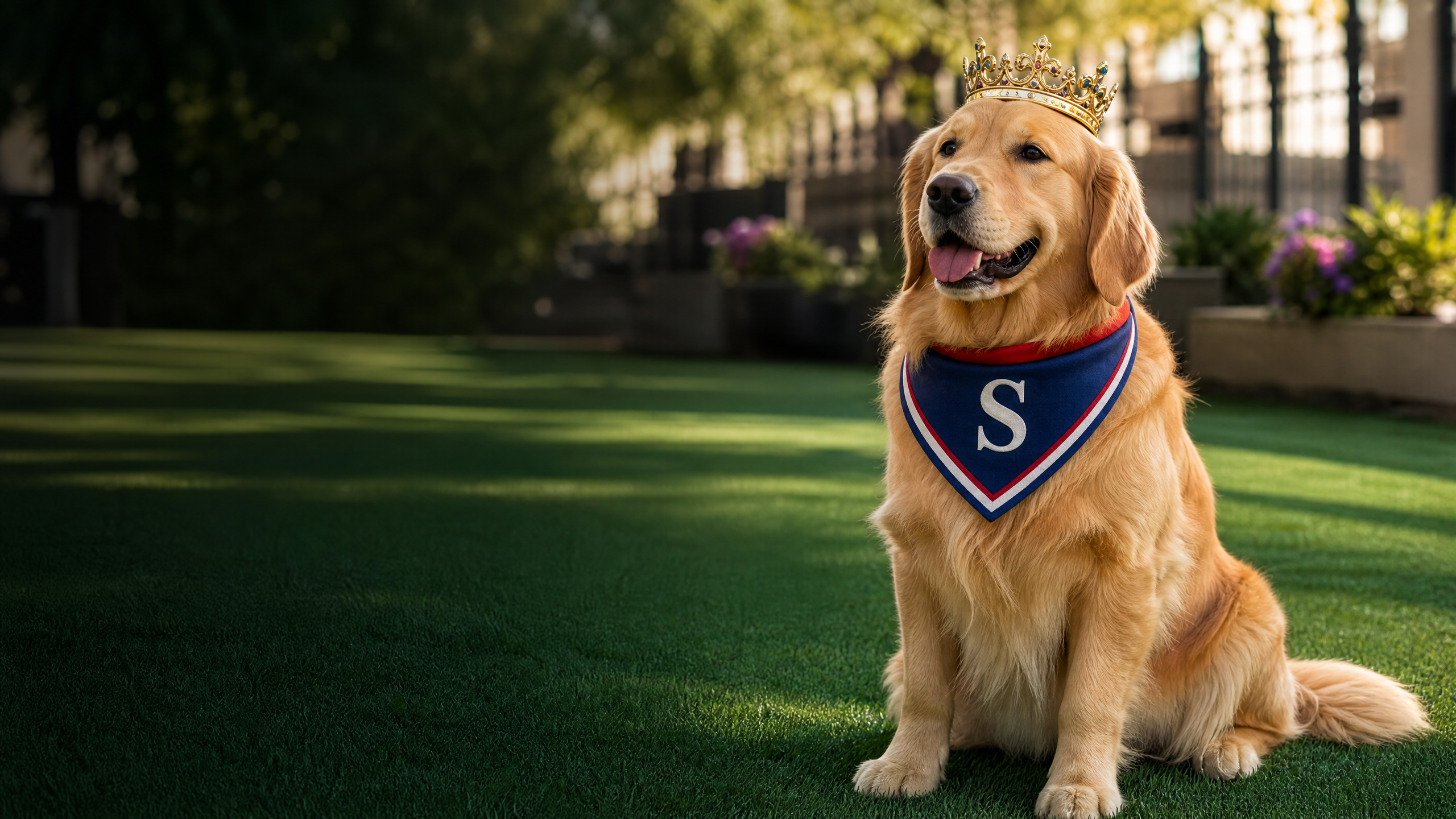 Crowned golden retriever on emerald turf for Barkingham Palace dog daycare serving Schenectady, NY
