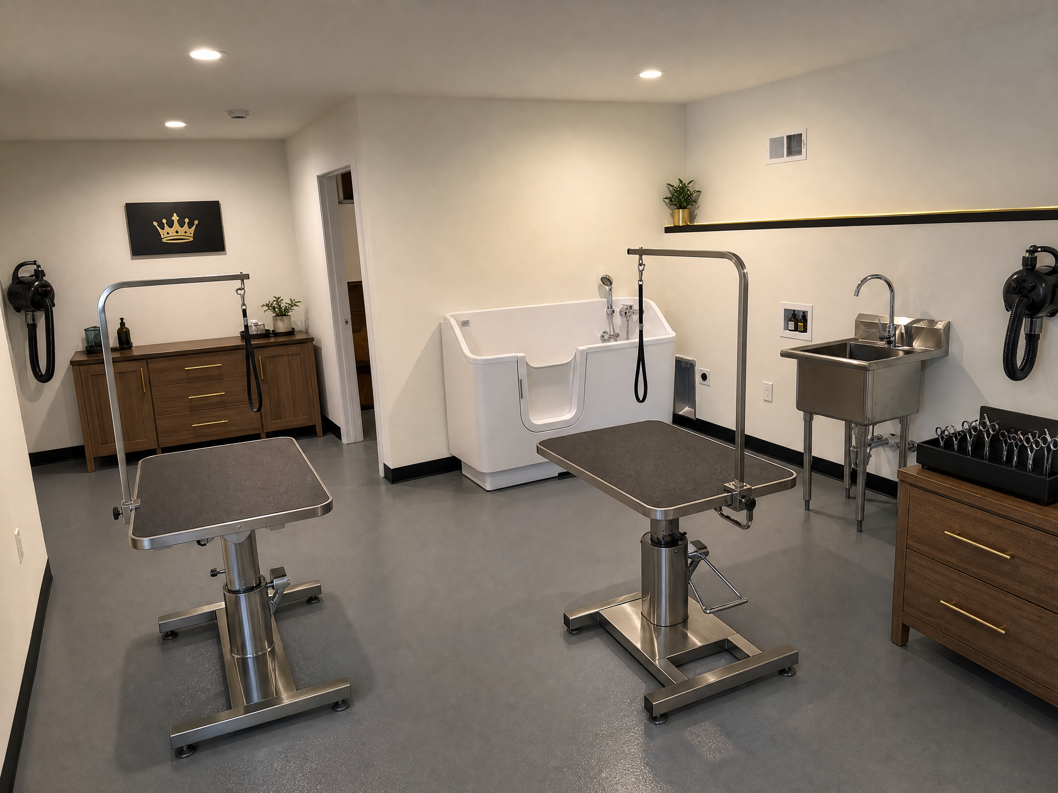 Planned visualization of the future Barkingham Palace dog grooming studio in its real Rotterdam facility room