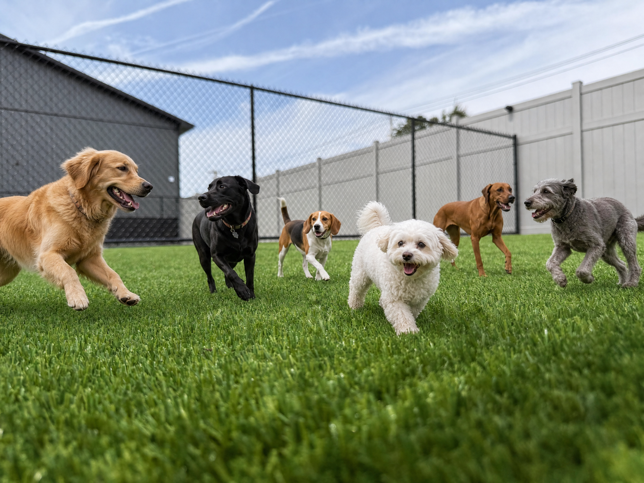 Happy dog in a structured daycare environment at Barkingham Palace in Rotterdam, NY